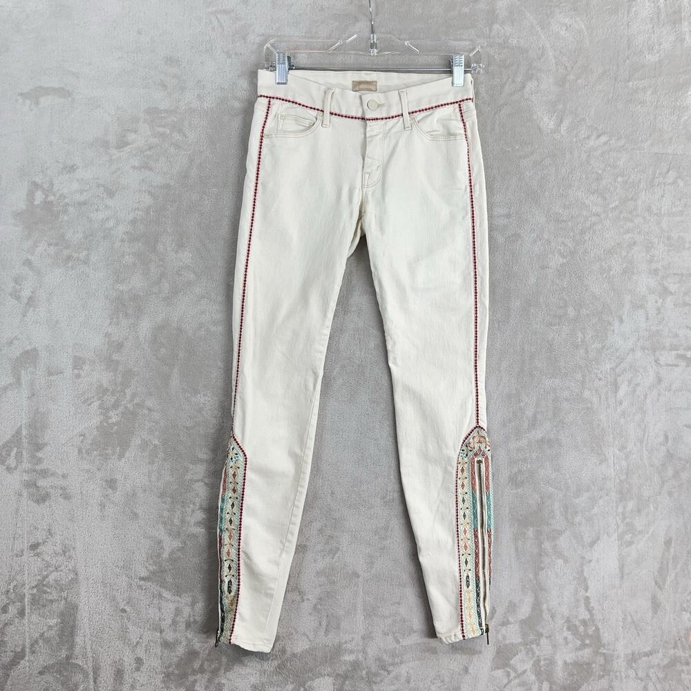 MOTHER The Looker Ankle Zip Pants Barefoot Princess Embroidered Red Trim 26" - Picture 2 of 16